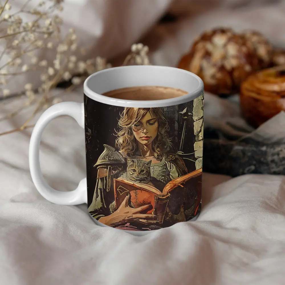 Female Knight Reading Book With Cat – Mugs