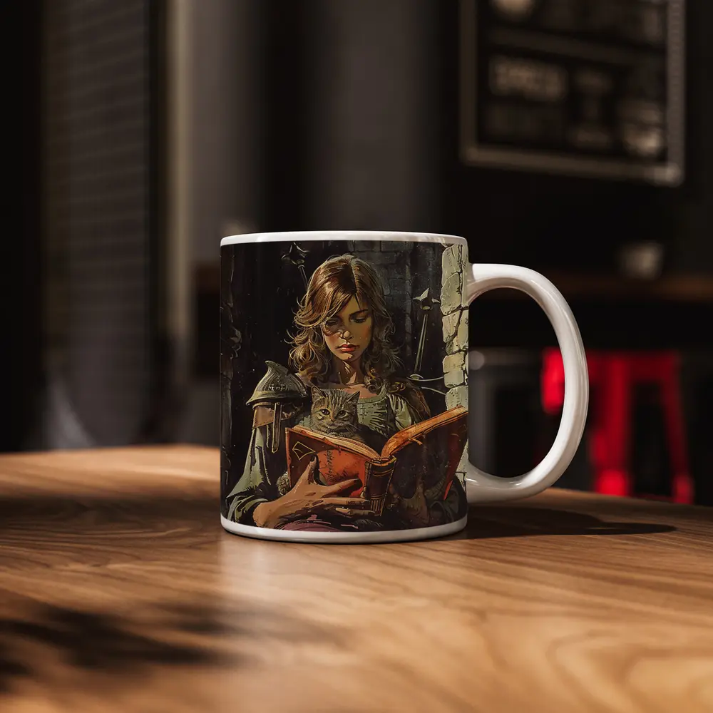 Female Knight Reading Book With Cat – Mugs