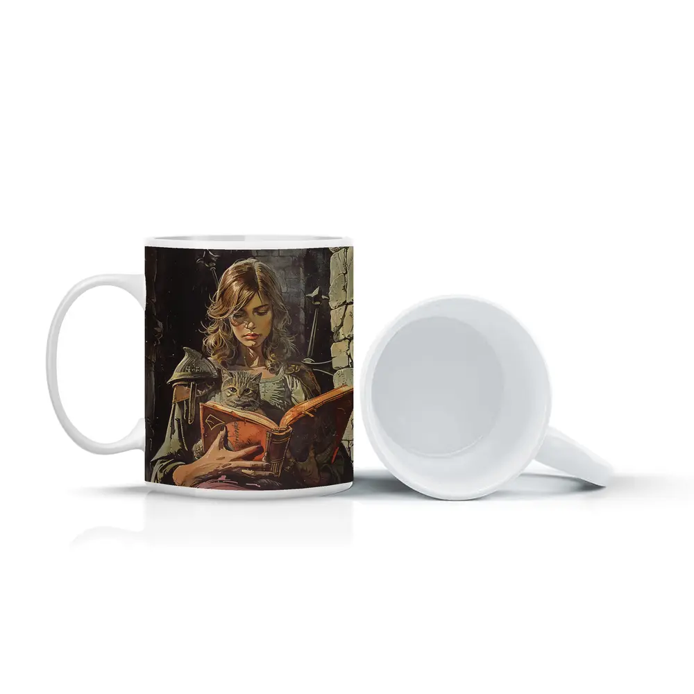 Female Knight Reading Book With Cat – Mugs