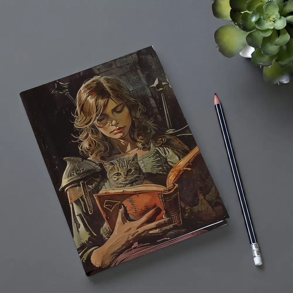 Female Knight Reading Book With Cat – Notebooks