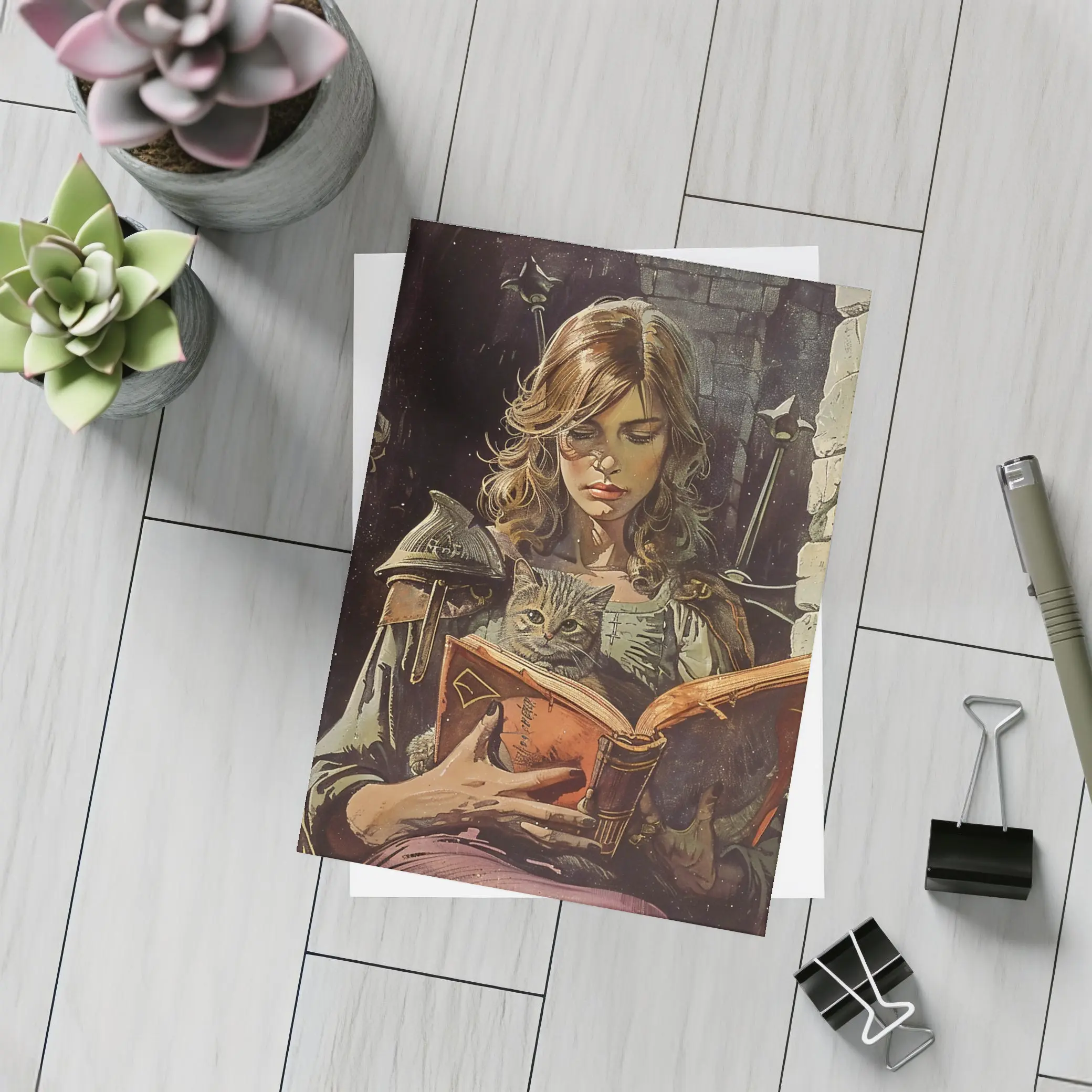 Female Knight Reading Book With Cat – Postcards