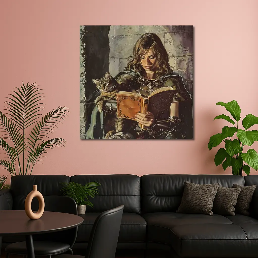 Female Knight Reading Book With Cat – Wall Art