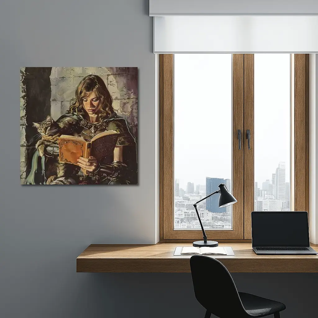 Female Knight Reading Book With Cat – Wall Art