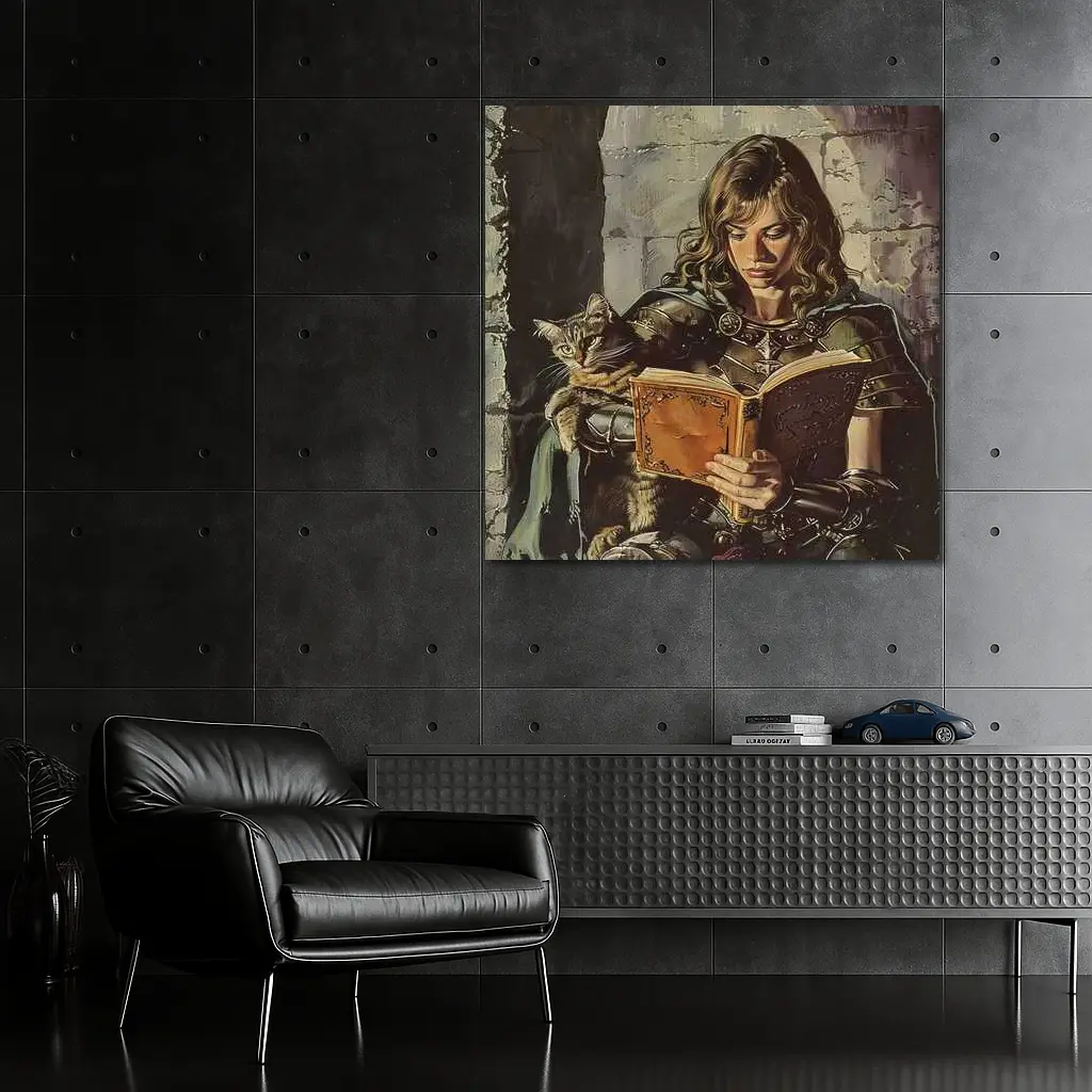 Female Knight Reading Book With Cat – Wall Art