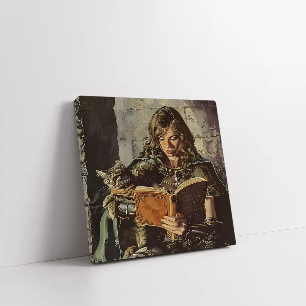 Female Knight Reading Book With Cat – Wall Art