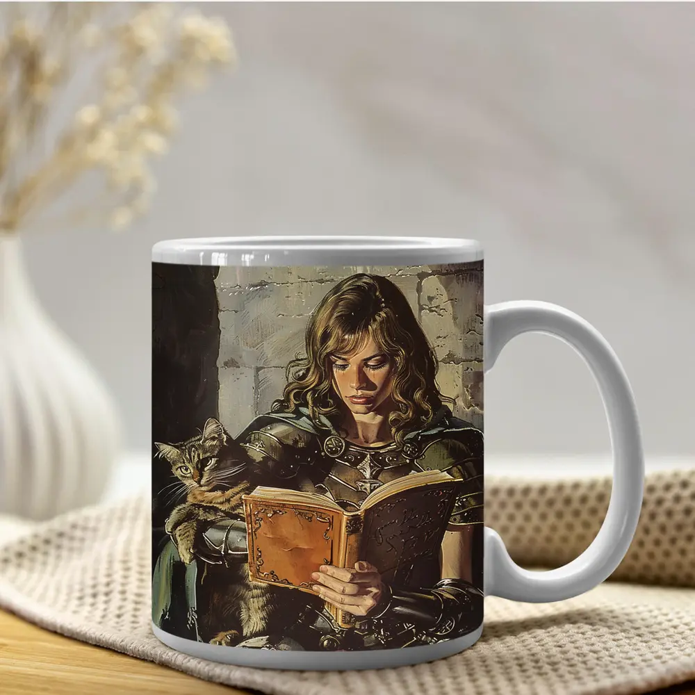 Female Knight Reading Book With Cat – Mugs