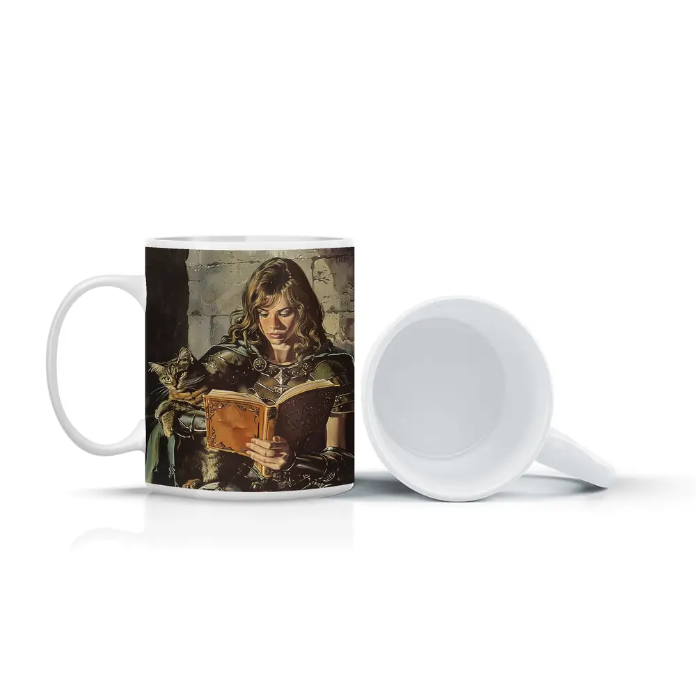 Female Knight Reading Book With Cat – Mugs