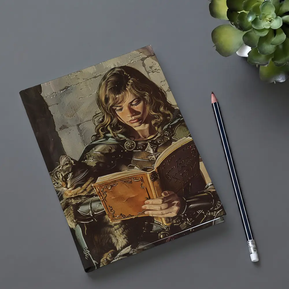 Female Knight Reading Book With Cat – Notebooks