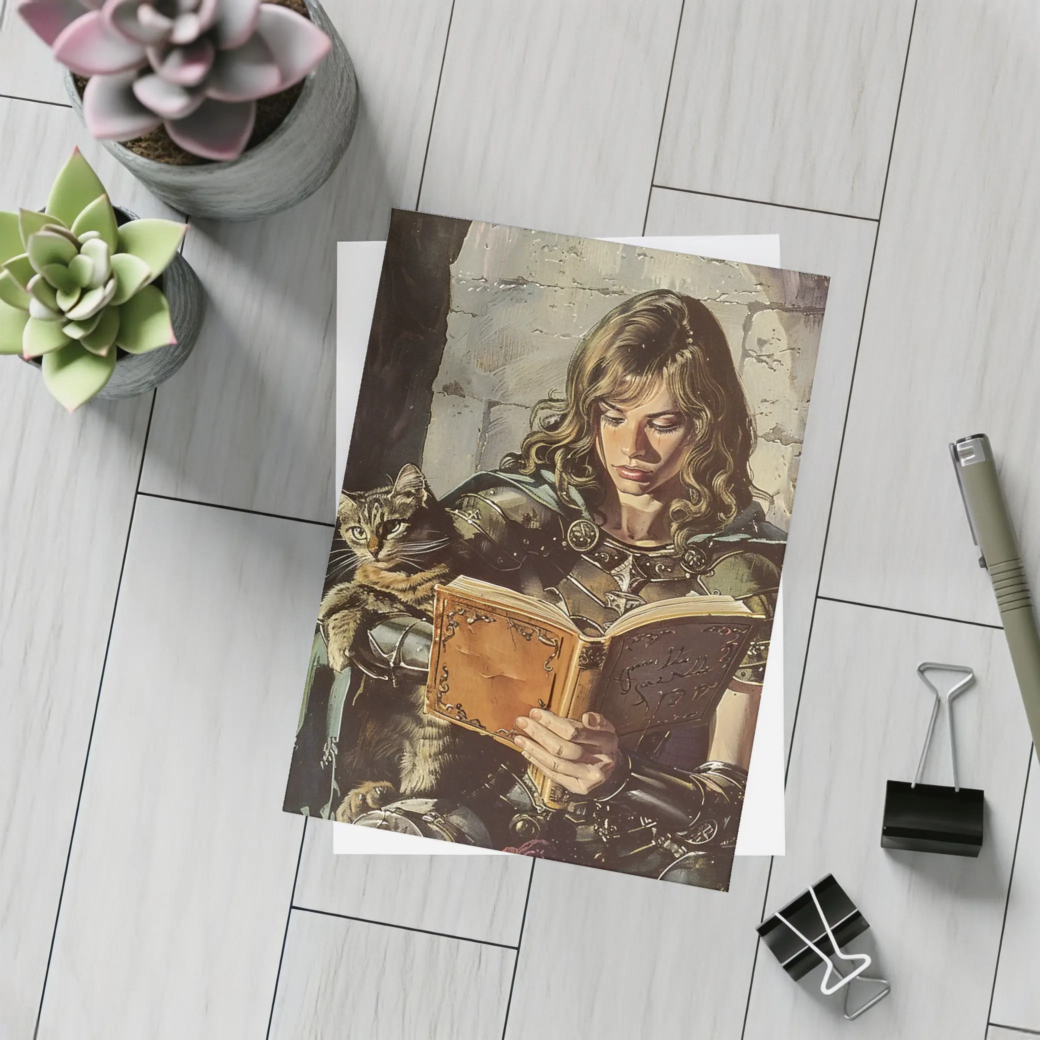 Female Knight Reading Book With Cat – Postcards