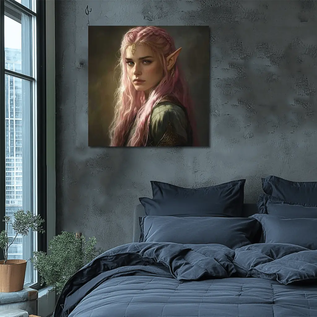 Pink Hair Elf Fantasy Portrait Digital Art – Wall Art