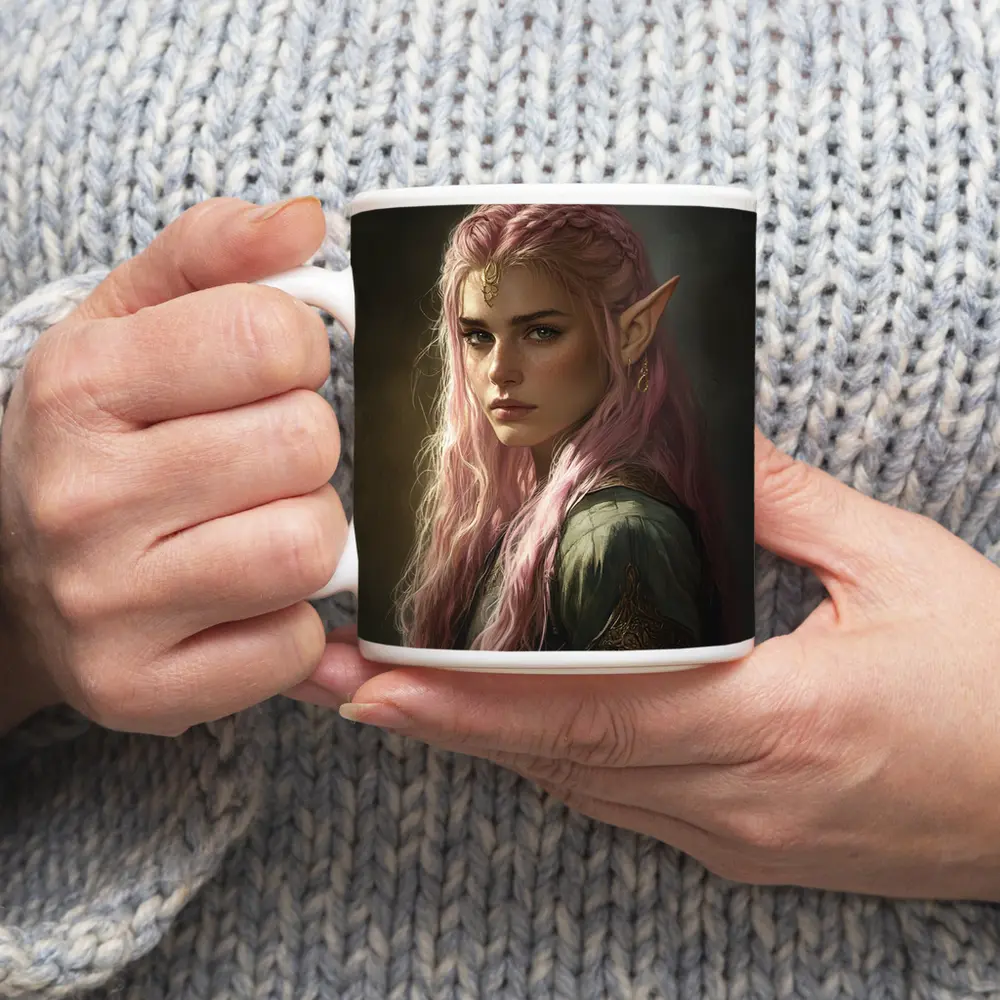 Pink Hair Elf Fantasy Portrait Digital Art – Mugs
