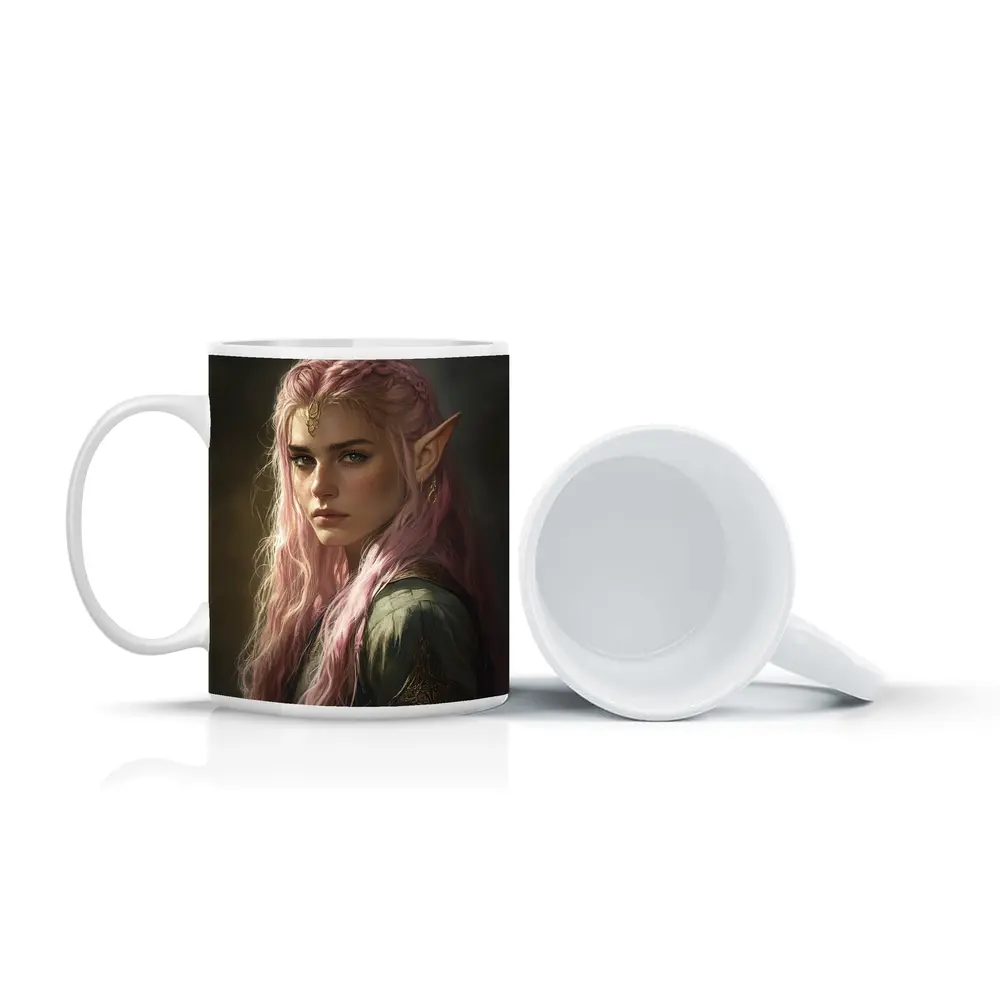 Pink Hair Elf Fantasy Portrait Digital Art – Mugs