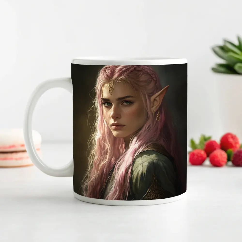 Pink Hair Elf Fantasy Portrait Digital Art – Mugs