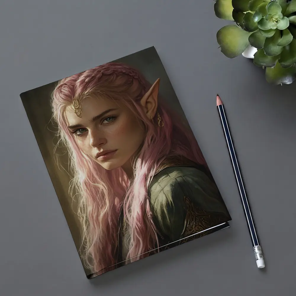 Pink Hair Elf Fantasy Portrait Digital Art – Notebooks