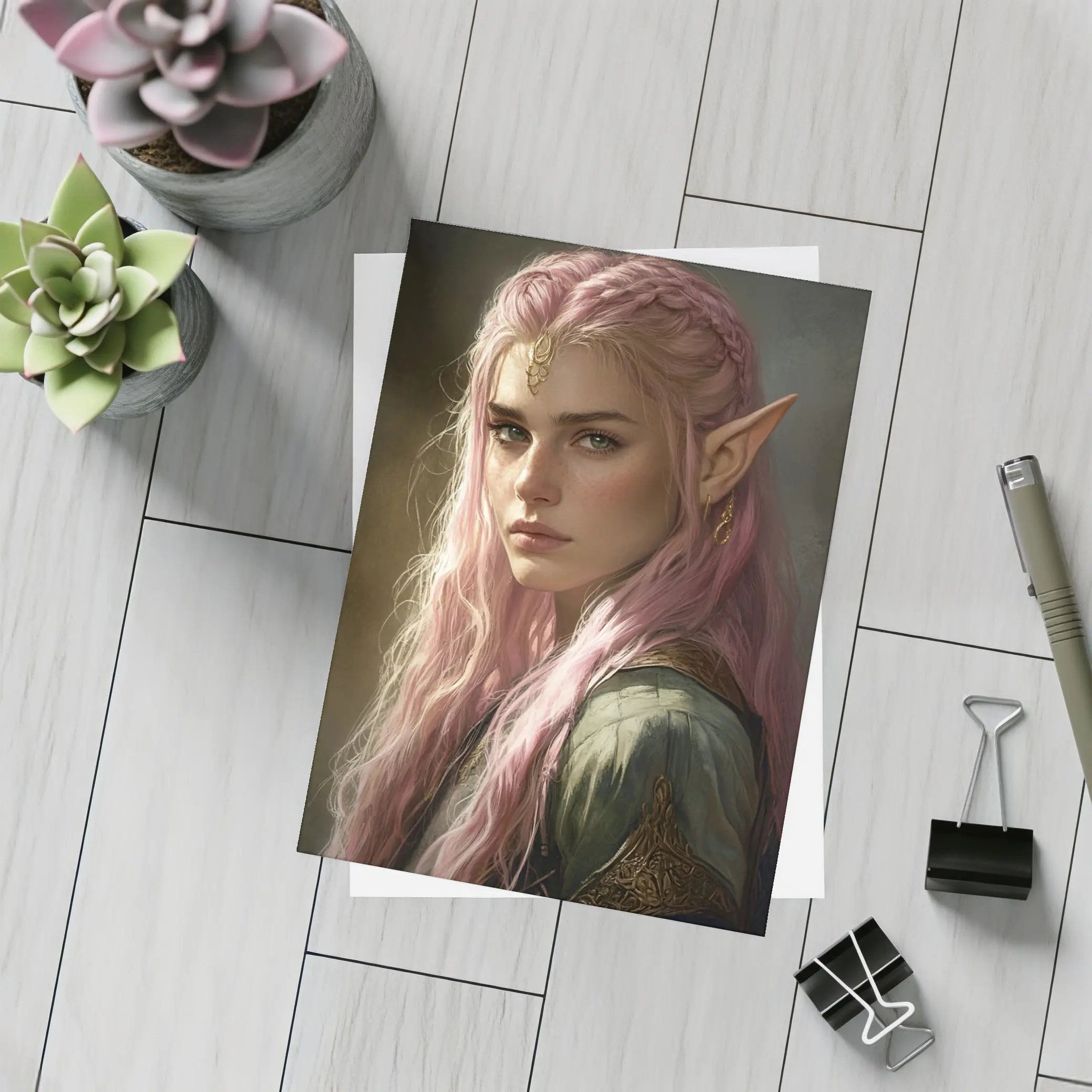 Pink Hair Elf Fantasy Portrait Digital Art – Postcards