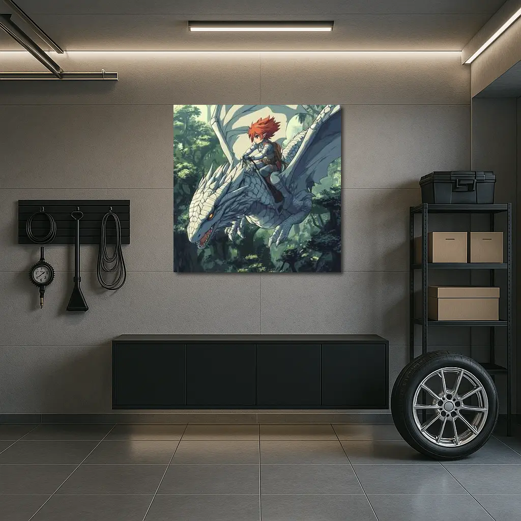 Anime Boy Riding White Dragon Forest – Wall Art