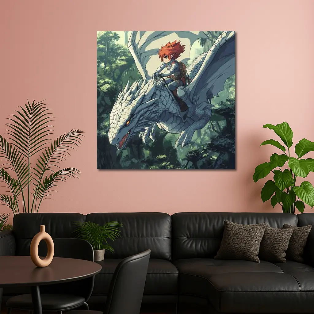 Anime Boy Riding White Dragon Forest – Wall Art