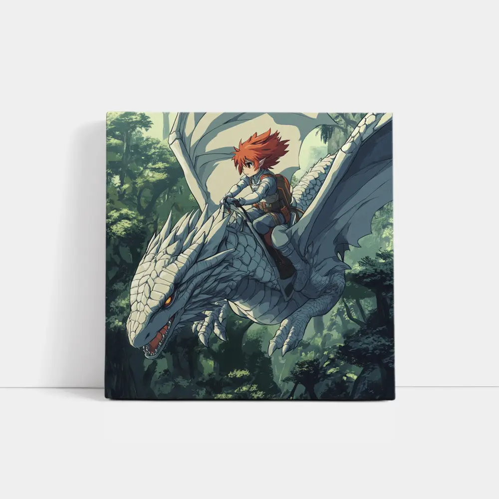 Anime Boy Riding White Dragon Forest – Wall Art