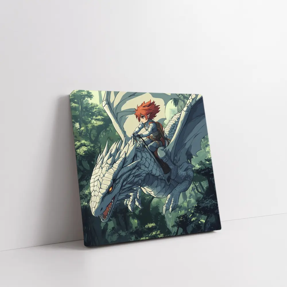 Anime Boy Riding White Dragon Forest – Wall Art