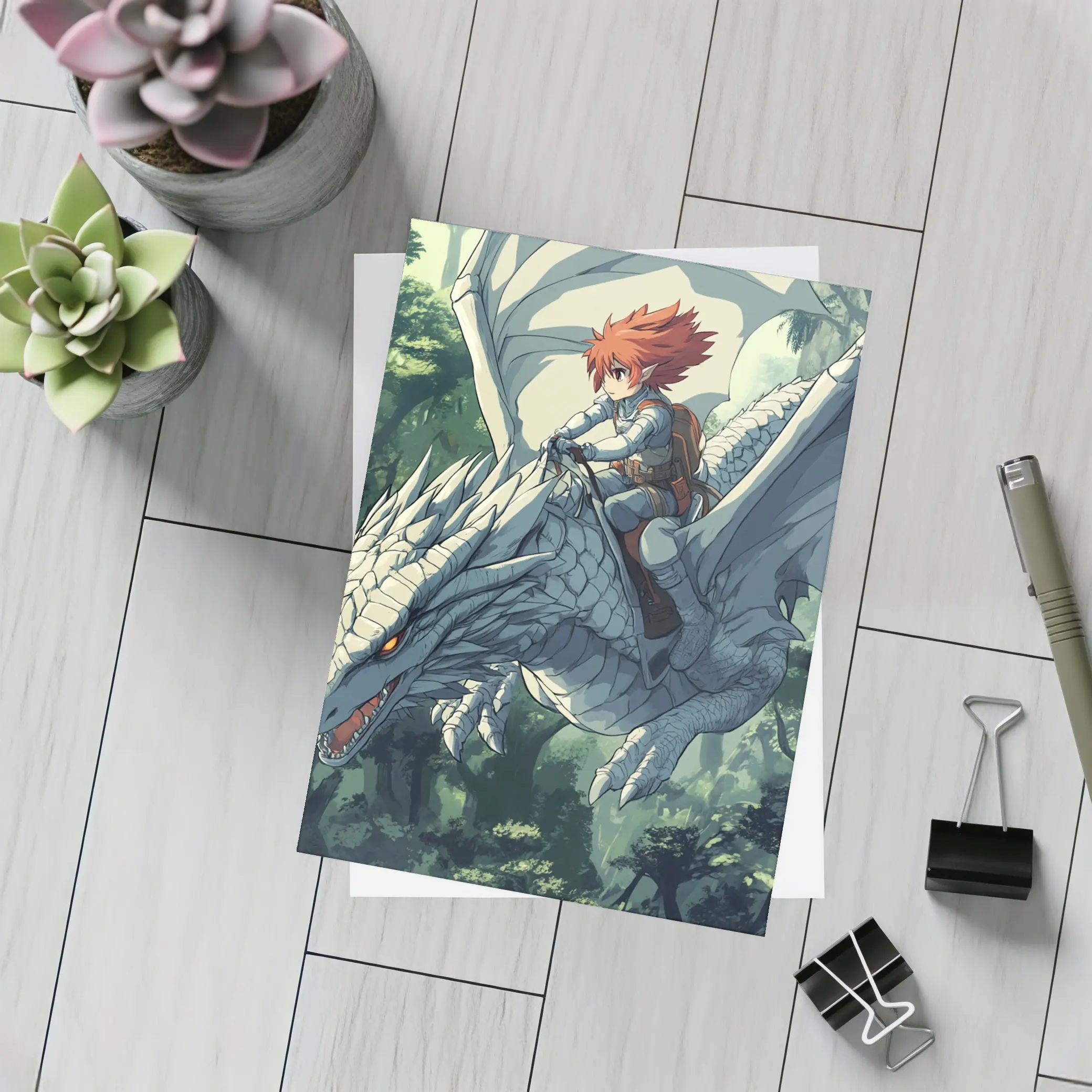 Anime Boy Riding White Dragon Forest – Postcards