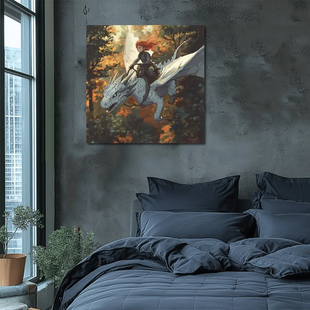 Red Haired Girl Riding White Dragon Forest – Wall Art