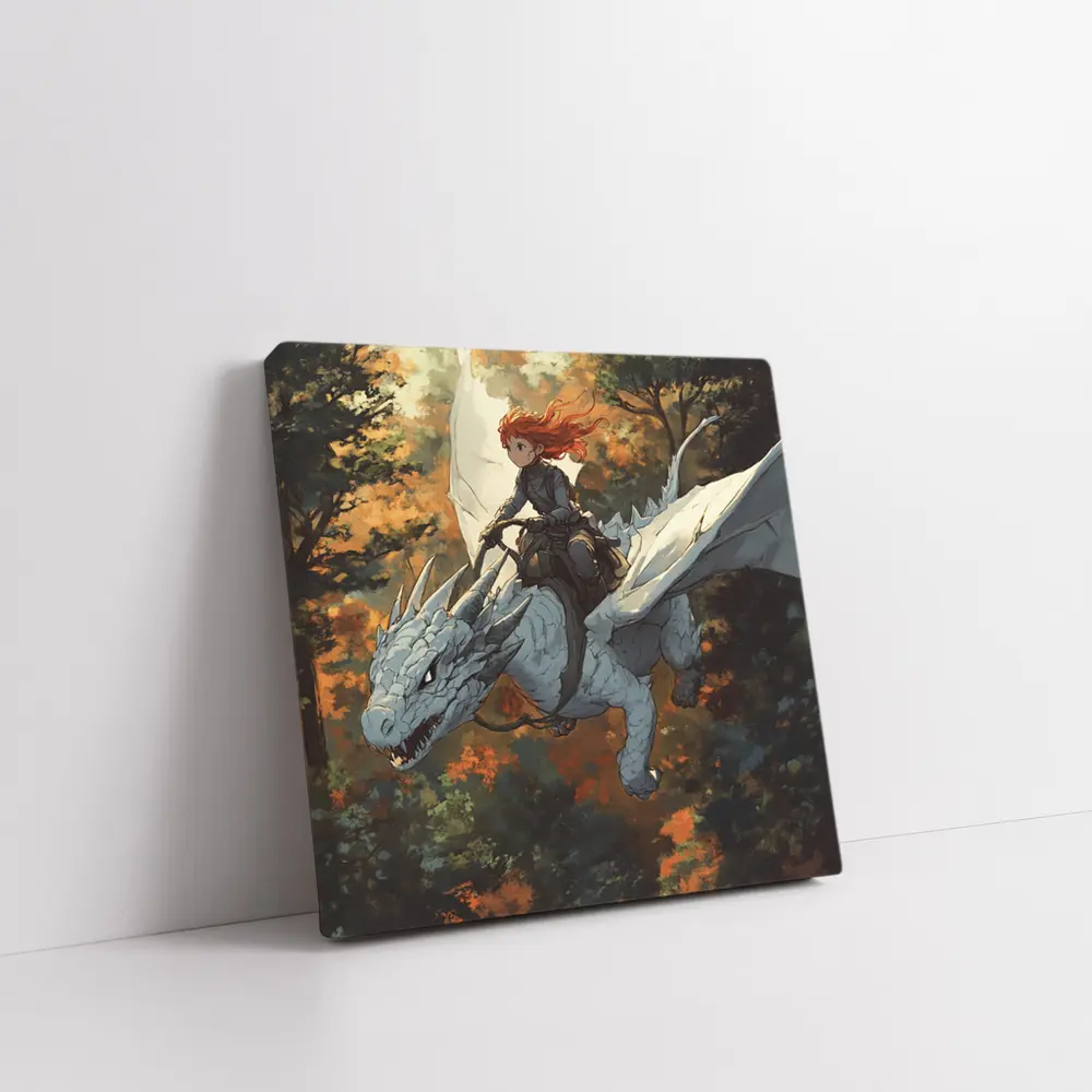 Red Haired Girl Riding White Dragon Forest – Wall Art