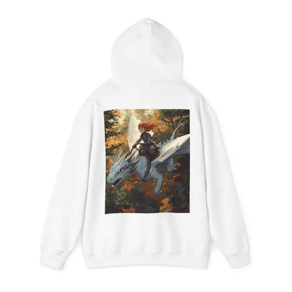 Red Haired Girl Riding White Dragon Forest – Hoodies