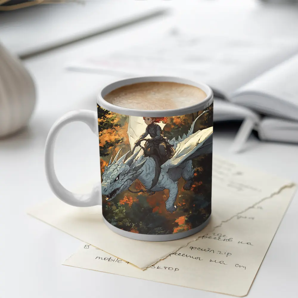 Red Haired Girl Riding White Dragon Forest – Mugs
