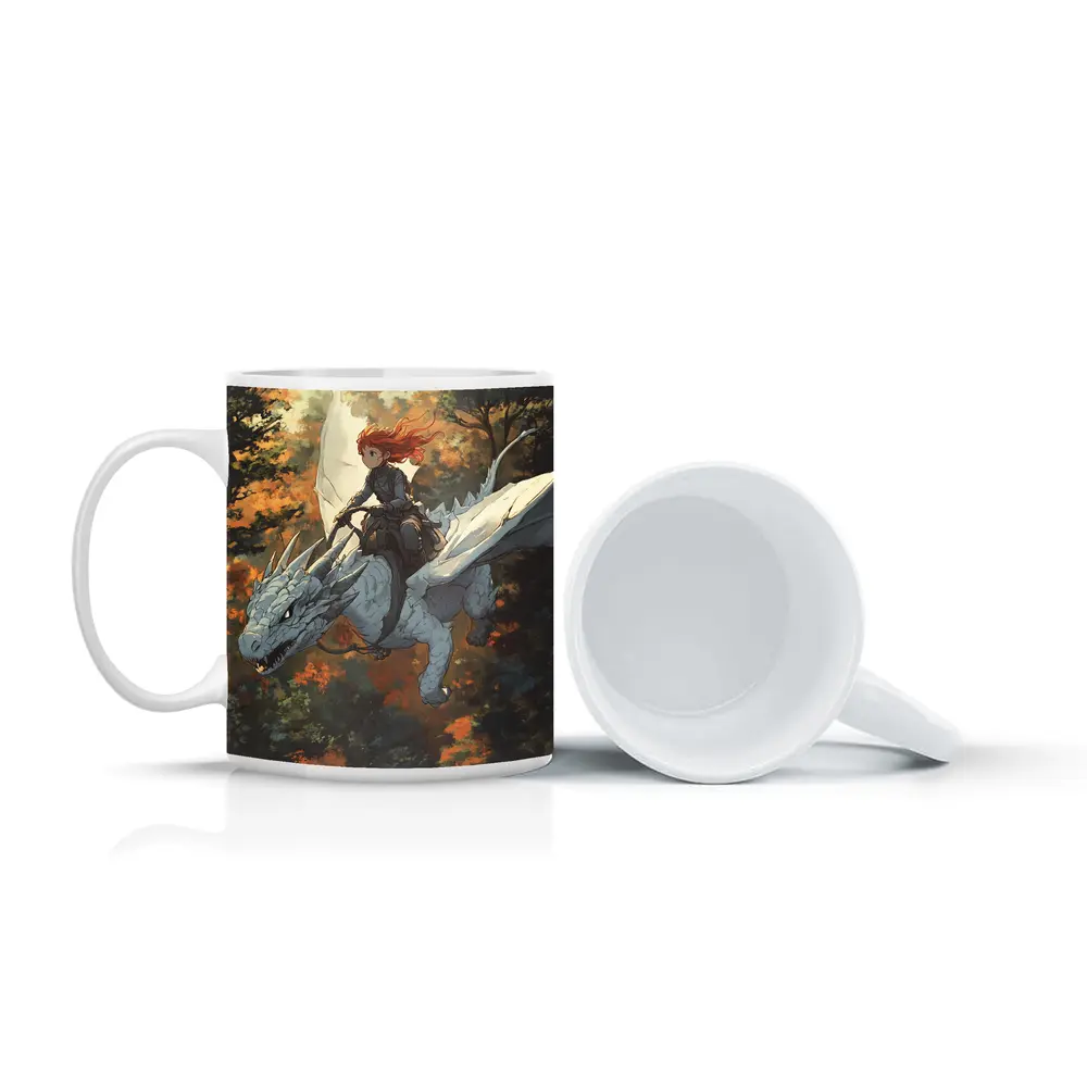 Red Haired Girl Riding White Dragon Forest – Mugs