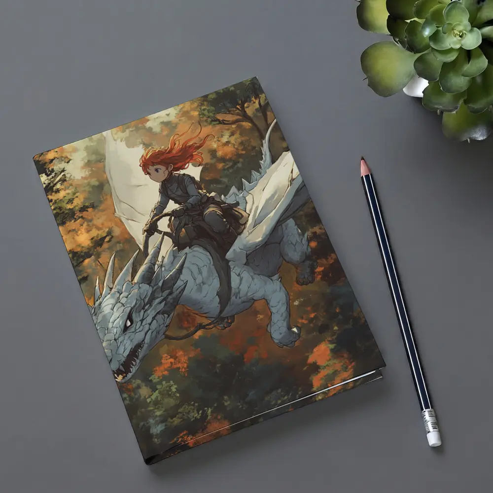 Red Haired Girl Riding White Dragon Forest – Notebooks