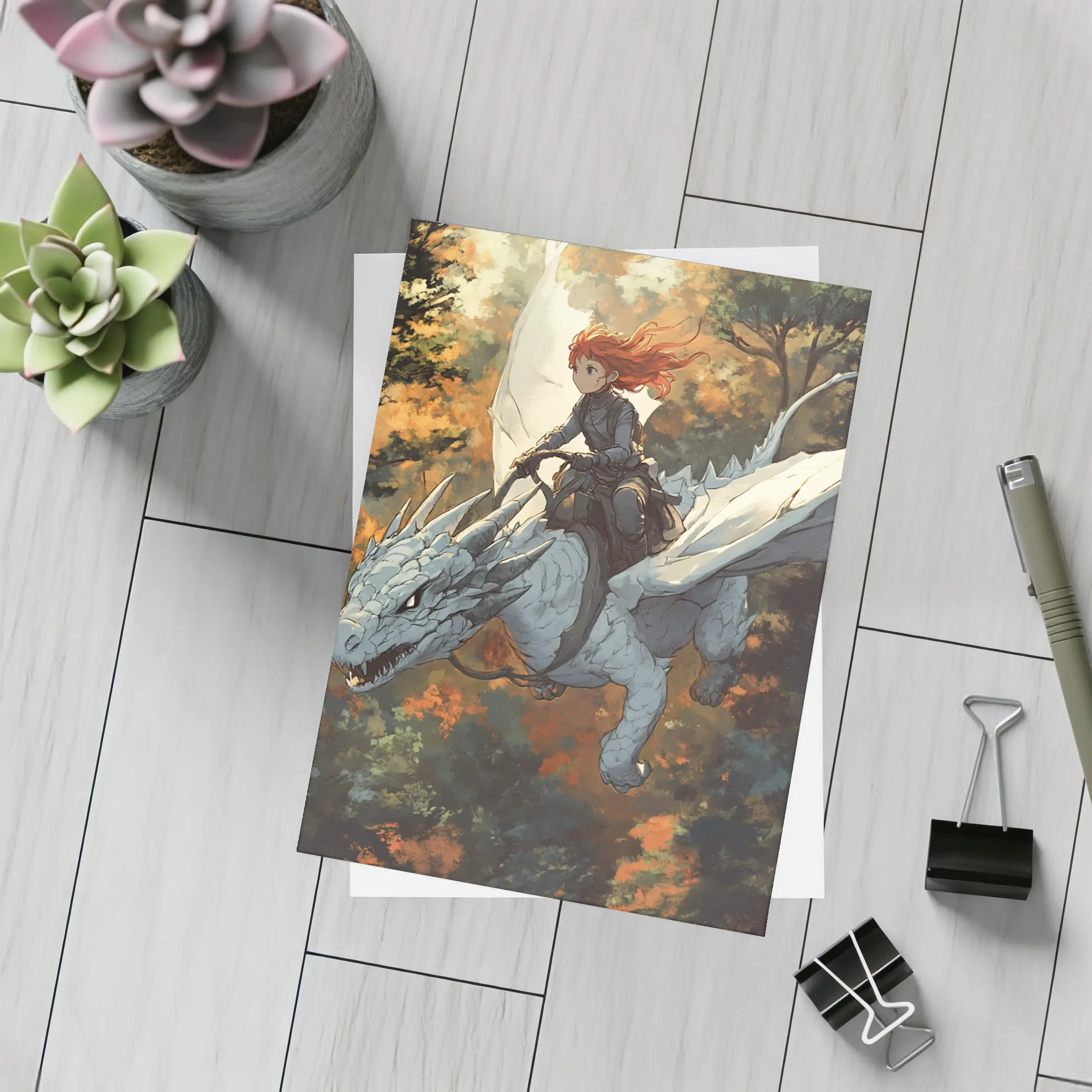 Red Haired Girl Riding White Dragon Forest – Postcards