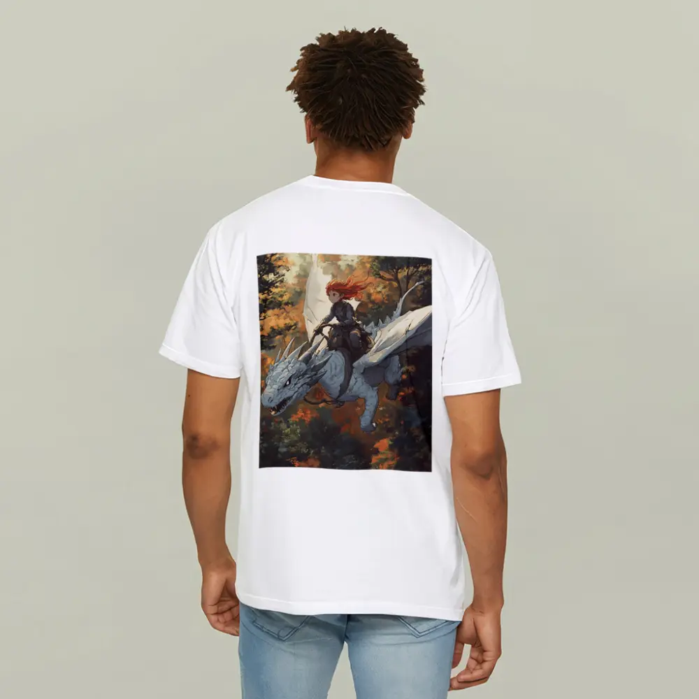 Red Haired Girl Riding White Dragon Forest – T-Shirts