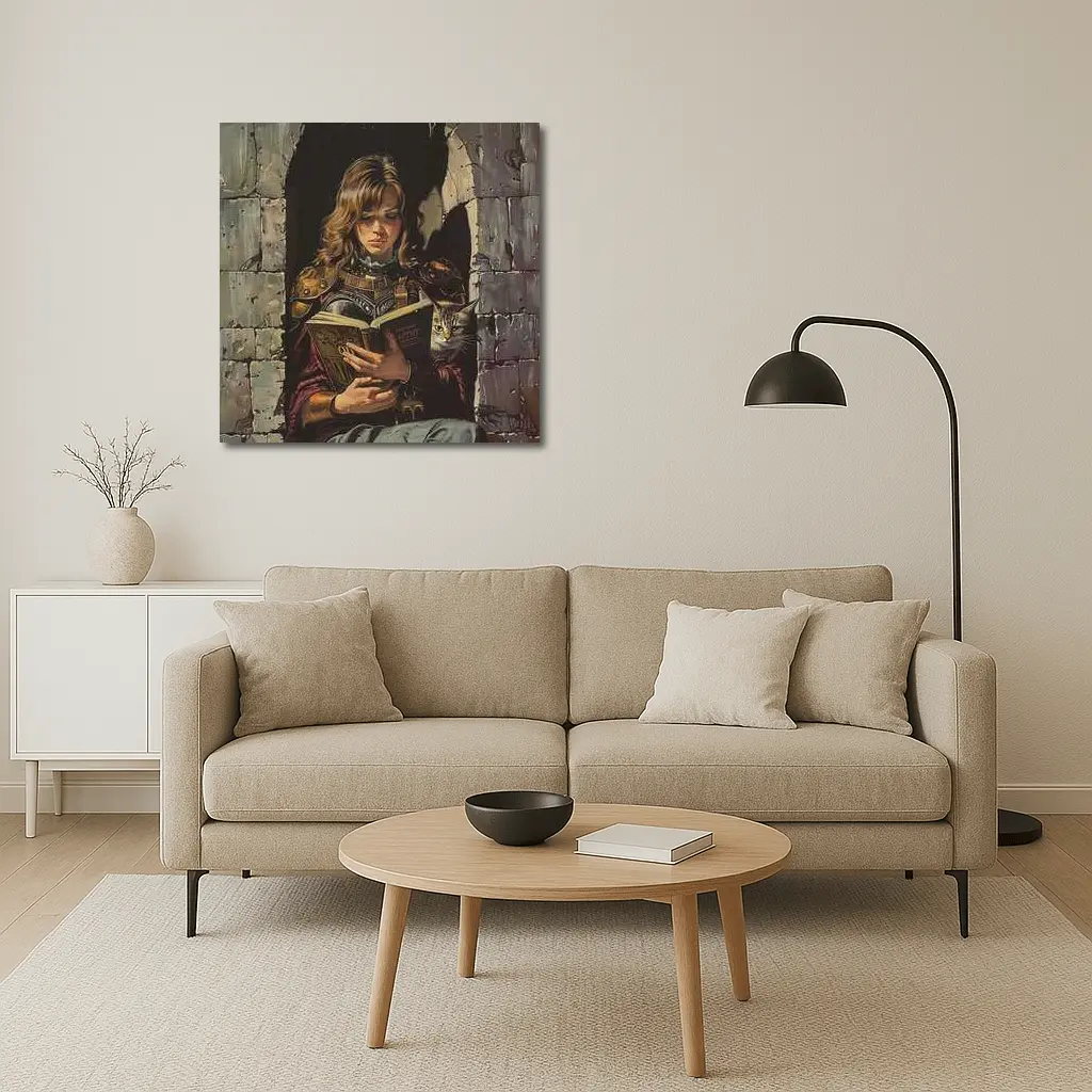 Female Warrior Reading Book With Cat – Wall Art