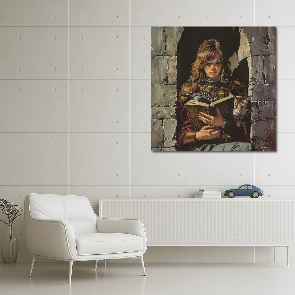 Female Warrior Reading Book With Cat – Wall Art