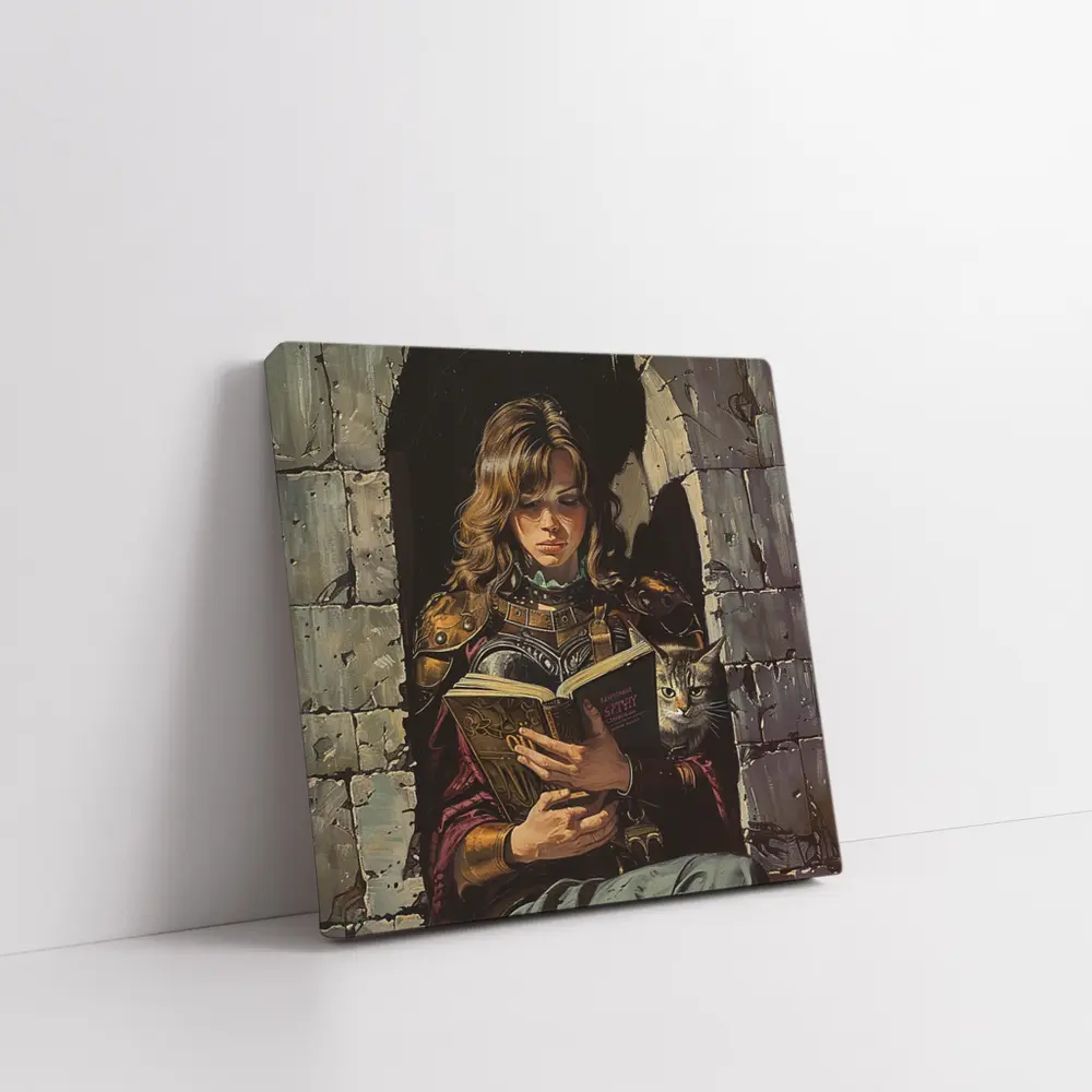 Female Warrior Reading Book With Cat – Wall Art