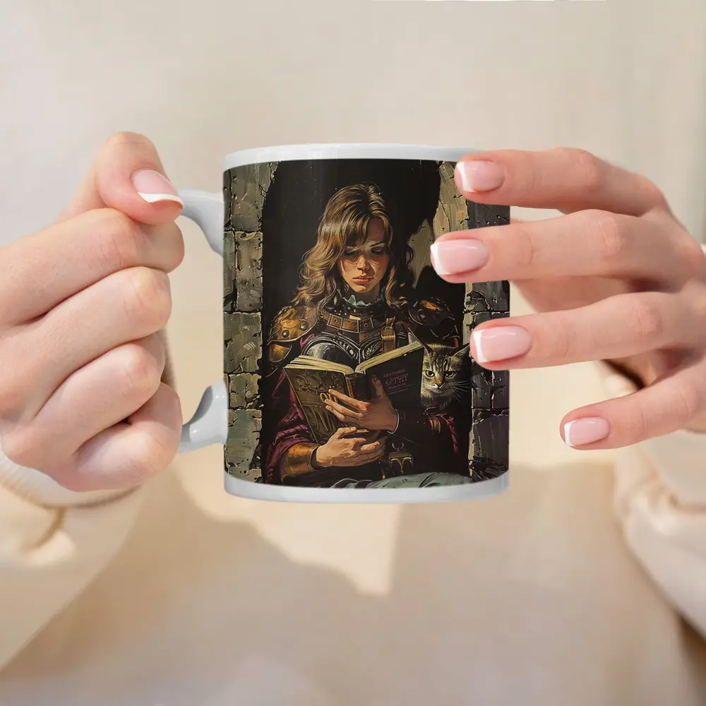 Female Warrior Reading Book With Cat – Mugs