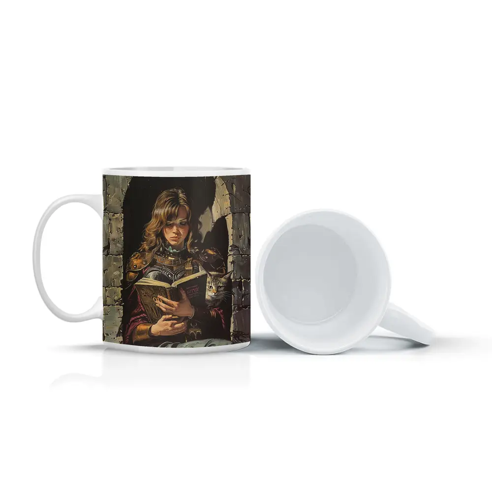 Female Warrior Reading Book With Cat – Mugs