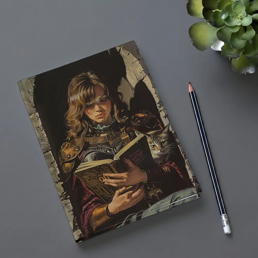 Female Warrior Reading Book With Cat – Notebooks