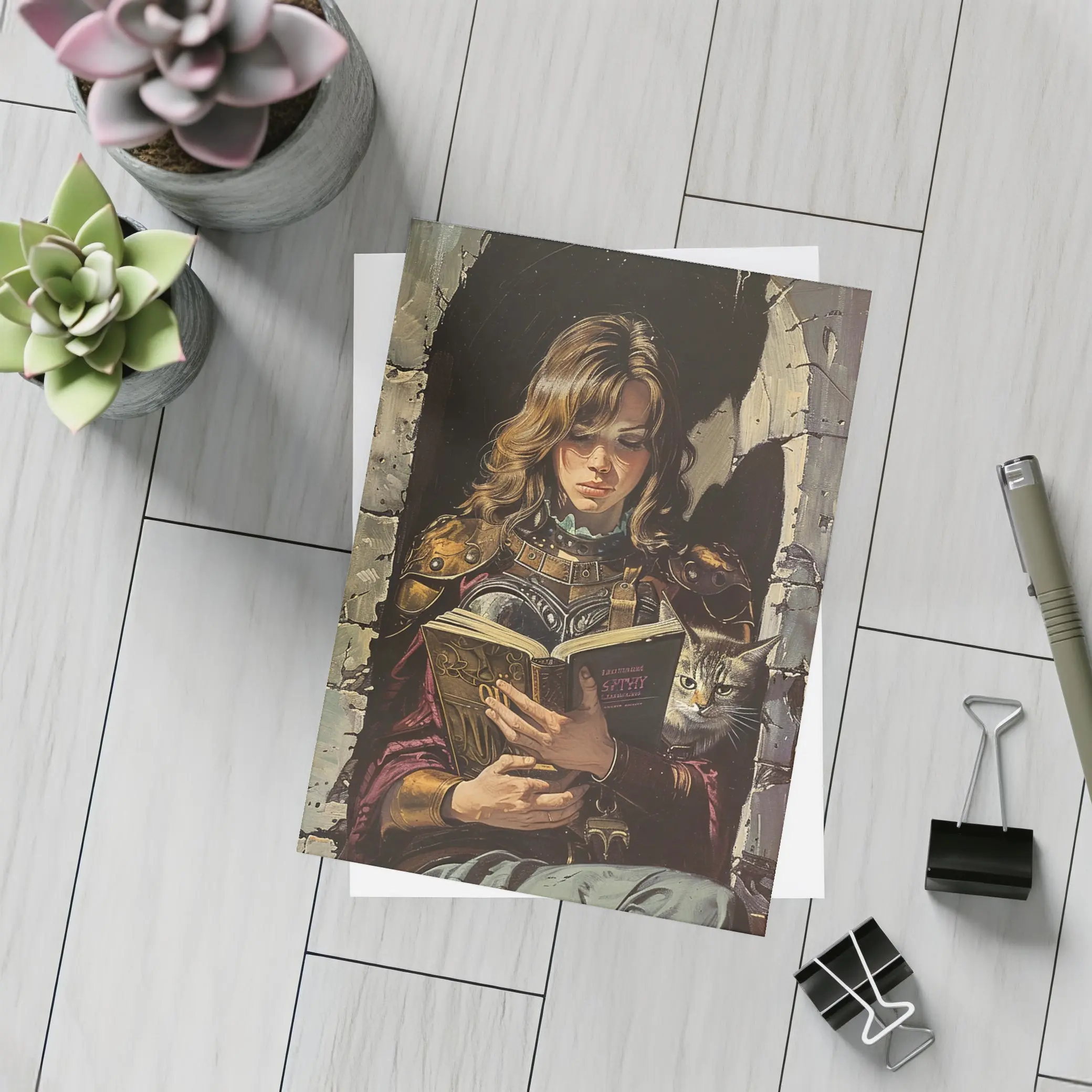 Female Warrior Reading Book With Cat – Postcards