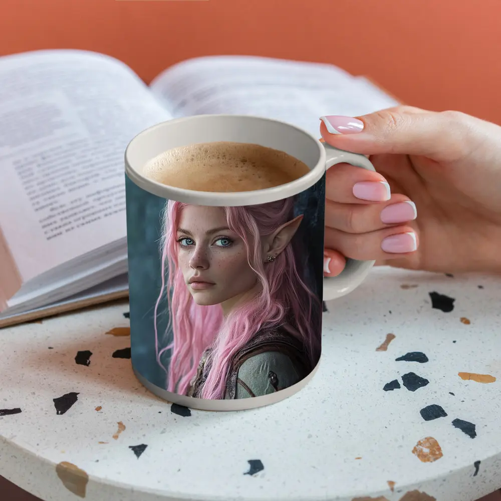 Pink Hair Elf Girl Fantasy Portrait Art – Mugs