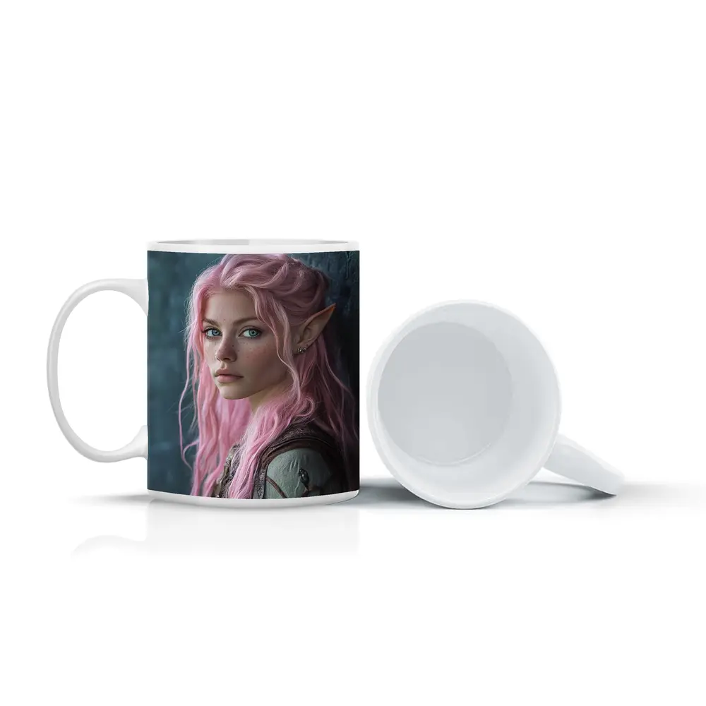 Pink Hair Elf Girl Fantasy Portrait Art – Mugs