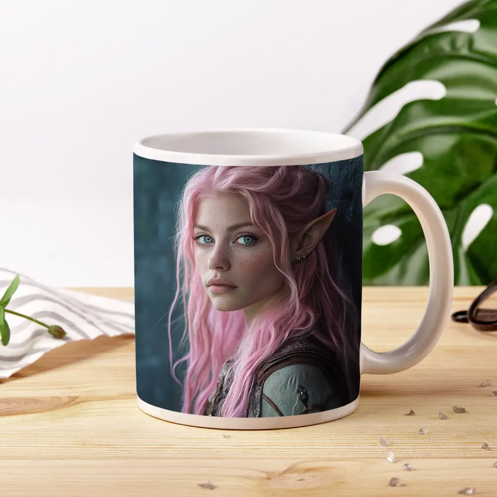 Pink Hair Elf Girl Fantasy Portrait Art – Mugs