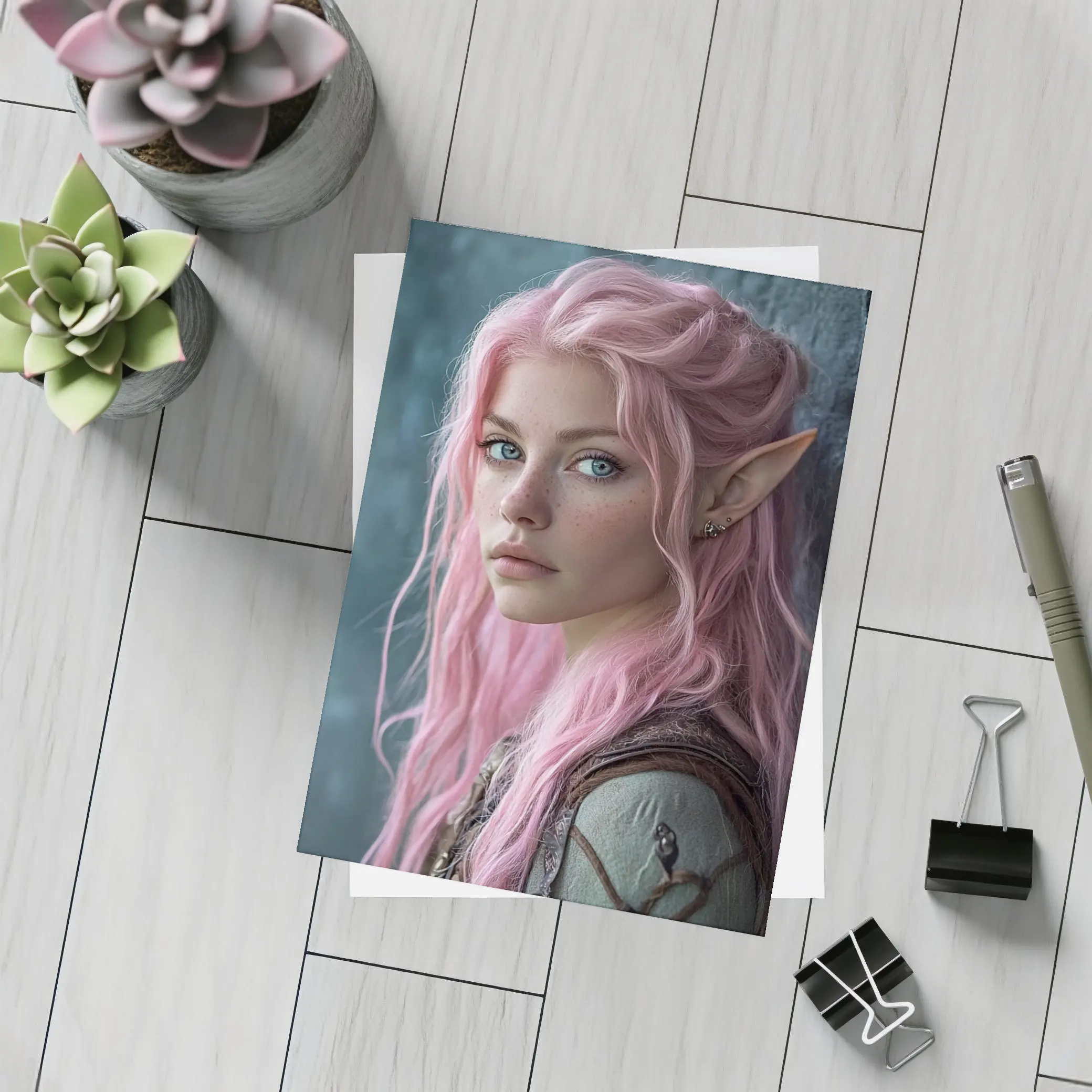 Pink Hair Elf Girl Fantasy Portrait Art – Postcards