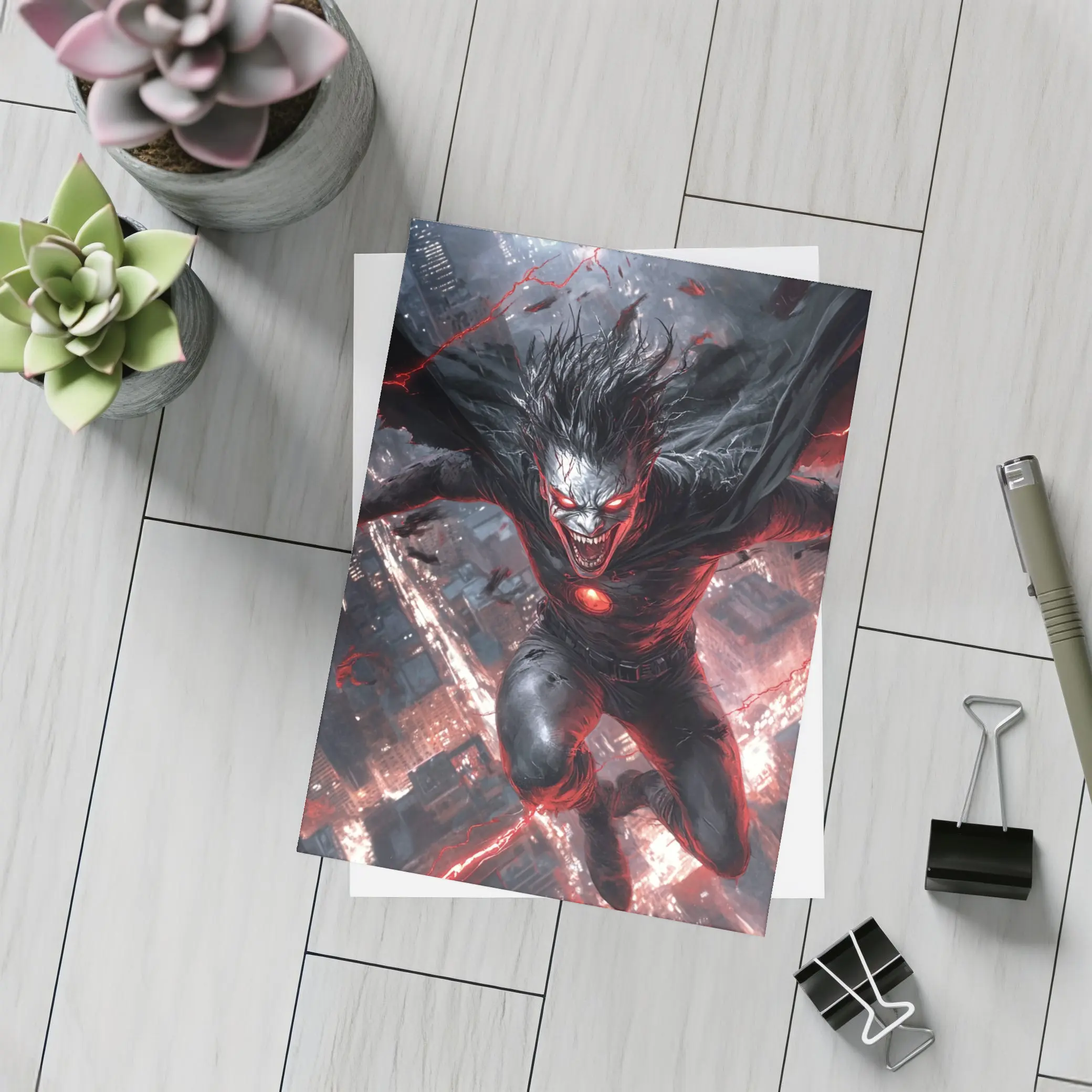 Dark Villain Red Lightning Cityscape Night Art – Postcards