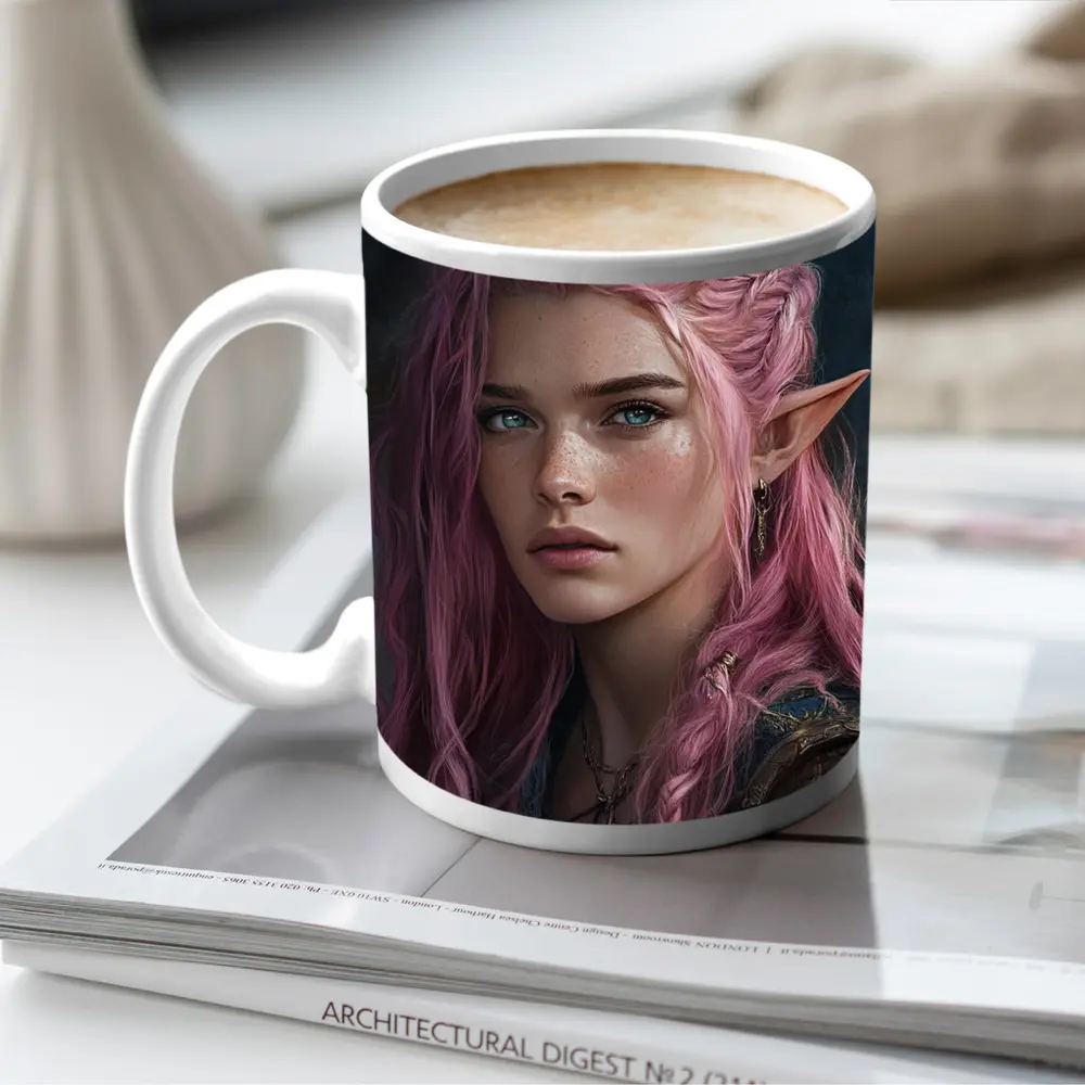 Pink Hair Elf Girl Fantasy Portrait Art – Mugs