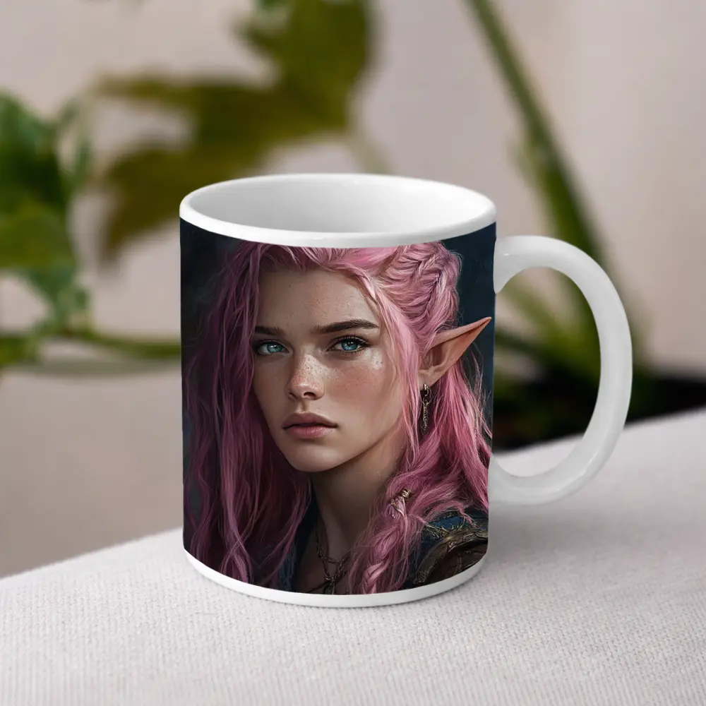 Pink Hair Elf Girl Fantasy Portrait Art – Mugs