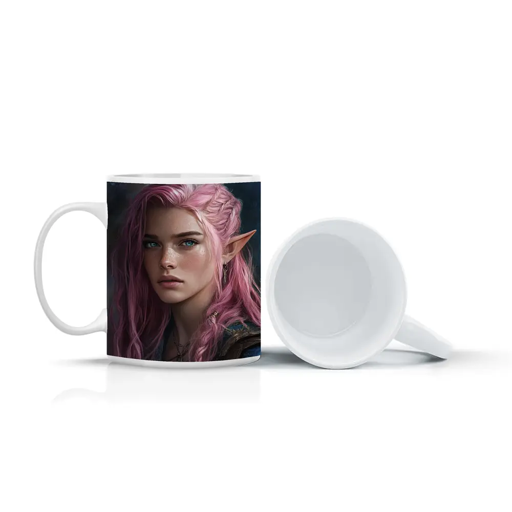 Pink Hair Elf Girl Fantasy Portrait Art – Mugs