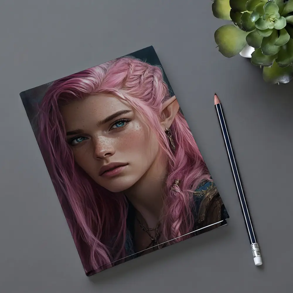 Pink Hair Elf Girl Fantasy Portrait Art – Notebooks