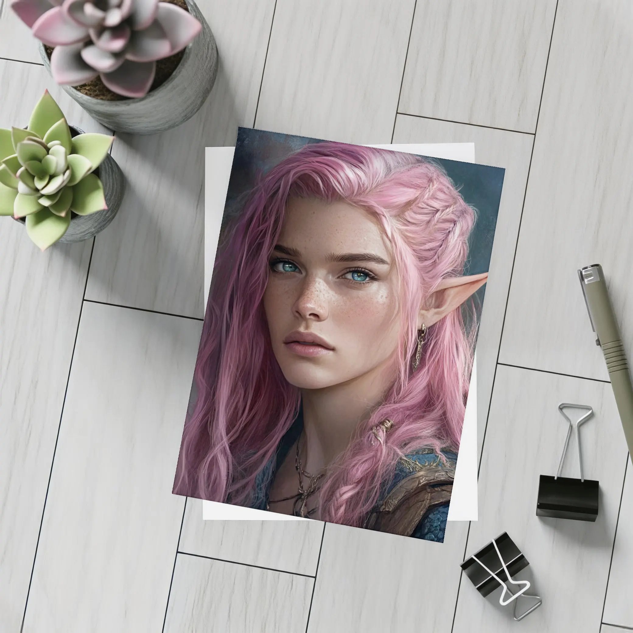 Pink Hair Elf Girl Fantasy Portrait Art – Postcards