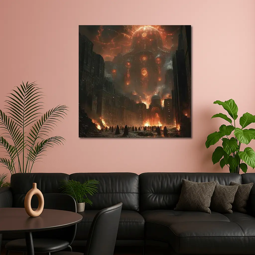 Dark Fantasy City Burning Cosmic Entity Sky – Wall Art